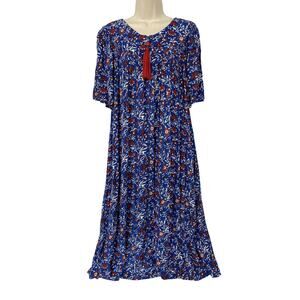 Go Softly Patio Dress Womens Medium Blue Floral Kaftan Zip Tassel Pockets Muu